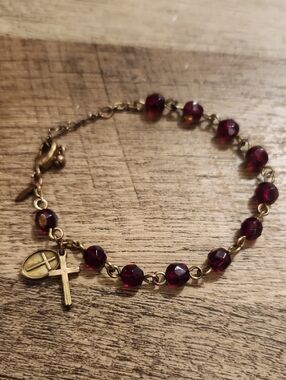 Avon Gold-Tone Cross Bracelet with Deep Red Beads
